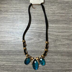 Bold Teal Blue Faceted Drop Statement Necklace Gold & Black Cord Crystal Accents